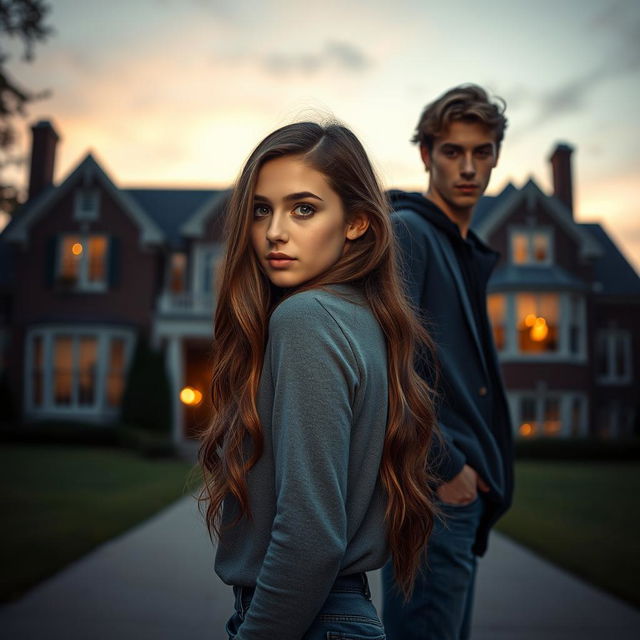 A college girl with long, wavy brown hair and dark blue eyes stands confidently, looking directly into the camera