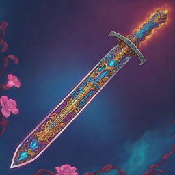 A flamboyant RPG magical sword in a vibrant, comic-style illustration. The sword exudes magical energy and displays intricate carvings.