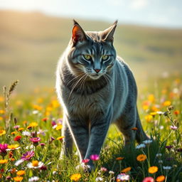 A majestic and fierce grey warrior cat with a muscular build, sharp claws, and vibrant green eyes