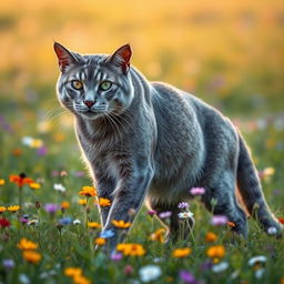 A majestic and fierce grey warrior cat with a muscular build, sharp claws, and vibrant green eyes