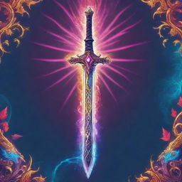 A flamboyant RPG magical sword in a vibrant, comic-style illustration. The sword exudes magical energy and displays intricate carvings.