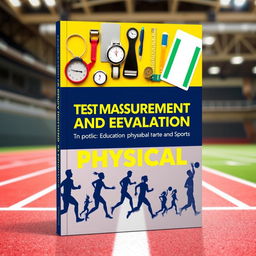 A visually striking book cover for "Test Measurement and Evaluation in Physical Education and Sports," featuring an eye-catching design that combines elements of education and athletics