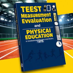 A visually striking book cover for "Test Measurement and Evaluation in Physical Education and Sports," featuring an eye-catching design that combines elements of education and athletics