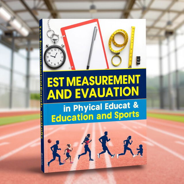 A visually striking book cover for "Test Measurement and Evaluation in Physical Education and Sports," featuring an eye-catching design that combines elements of education and athletics