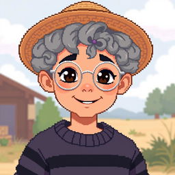 Pixel art of a boy with curly gray hair, wearing a straw hat and round silver glasses