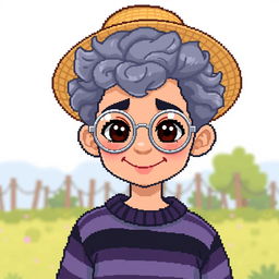 Pixel art of a boy with curly gray hair, wearing a straw hat and round silver glasses