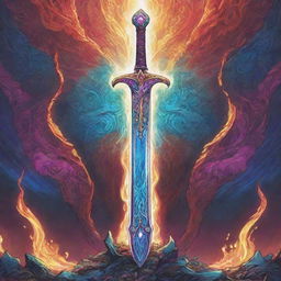 A flamboyant RPG magical sword in a vibrant, comic-style illustration. The sword exudes magical energy and displays intricate carvings.