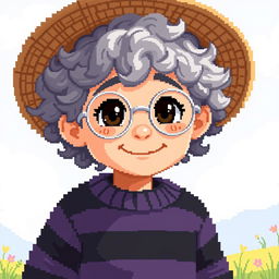 Pixel art of a boy with curly gray hair, wearing a straw hat and round silver glasses