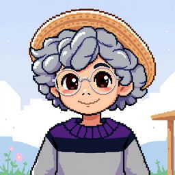 Pixel art of a boy with curly gray hair, wearing a straw hat and round silver glasses