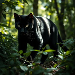 A stealthy and powerful black warrior cat with a sleek and shiny coat, prowling through a dense forest