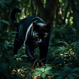 A stealthy and powerful black warrior cat with a sleek and shiny coat, prowling through a dense forest