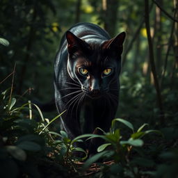 A stealthy and powerful black warrior cat with a sleek and shiny coat, prowling through a dense forest