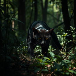 A stealthy and powerful black warrior cat with a sleek and shiny coat, prowling through a dense forest