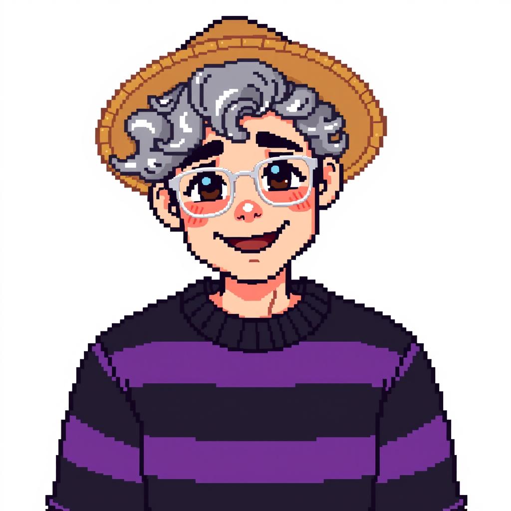 Pixel art of a 22-year-old with dark brown eyes and curly gray hair, wearing a straw hat and silver glasses