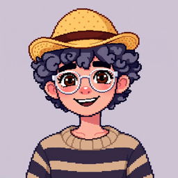 Pixel art of a 22-year-old with dark brown eyes and curly gray hair, wearing a straw hat and silver glasses