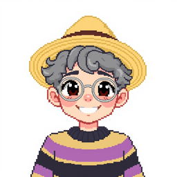 Pixel art of a 22-year-old with dark brown eyes and curly gray hair, wearing a straw hat and silver glasses