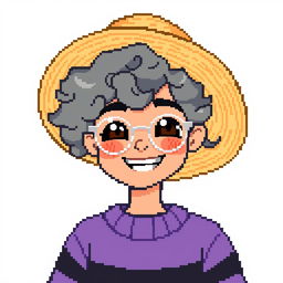 Pixel art of a 22-year-old with dark brown eyes and curly gray hair, wearing a straw hat and silver glasses