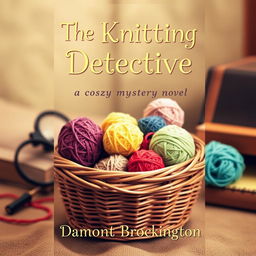 A charming and cozy book cover for "The Knitting Detective" described as a cozy mystery novel