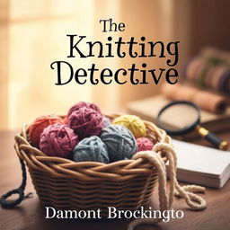 A charming and cozy book cover for "The Knitting Detective" described as a cozy mystery novel