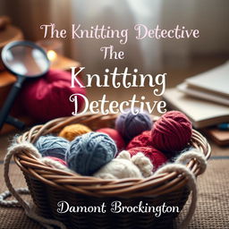 A charming and cozy book cover for "The Knitting Detective" described as a cozy mystery novel