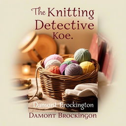 A charming and cozy book cover for "The Knitting Detective" described as a cozy mystery novel