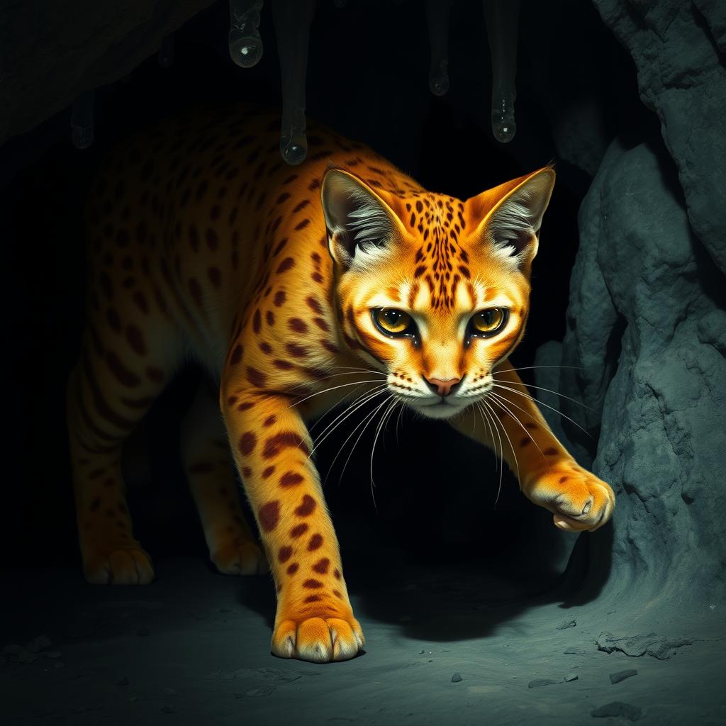 An agile and strong orange warrior cat with distinct spotted markings prowling inside a dimly lit cave