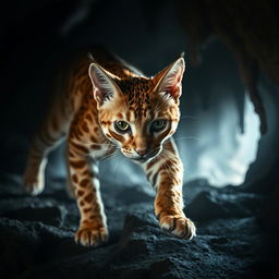 An agile and strong orange warrior cat with distinct spotted markings prowling inside a dimly lit cave