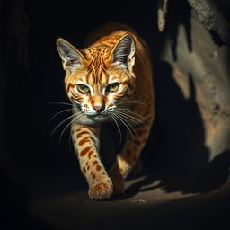 An agile and strong orange warrior cat with distinct spotted markings prowling inside a dimly lit cave