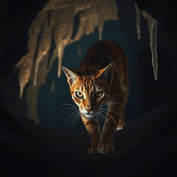 An agile and strong orange warrior cat with distinct spotted markings prowling inside a dimly lit cave