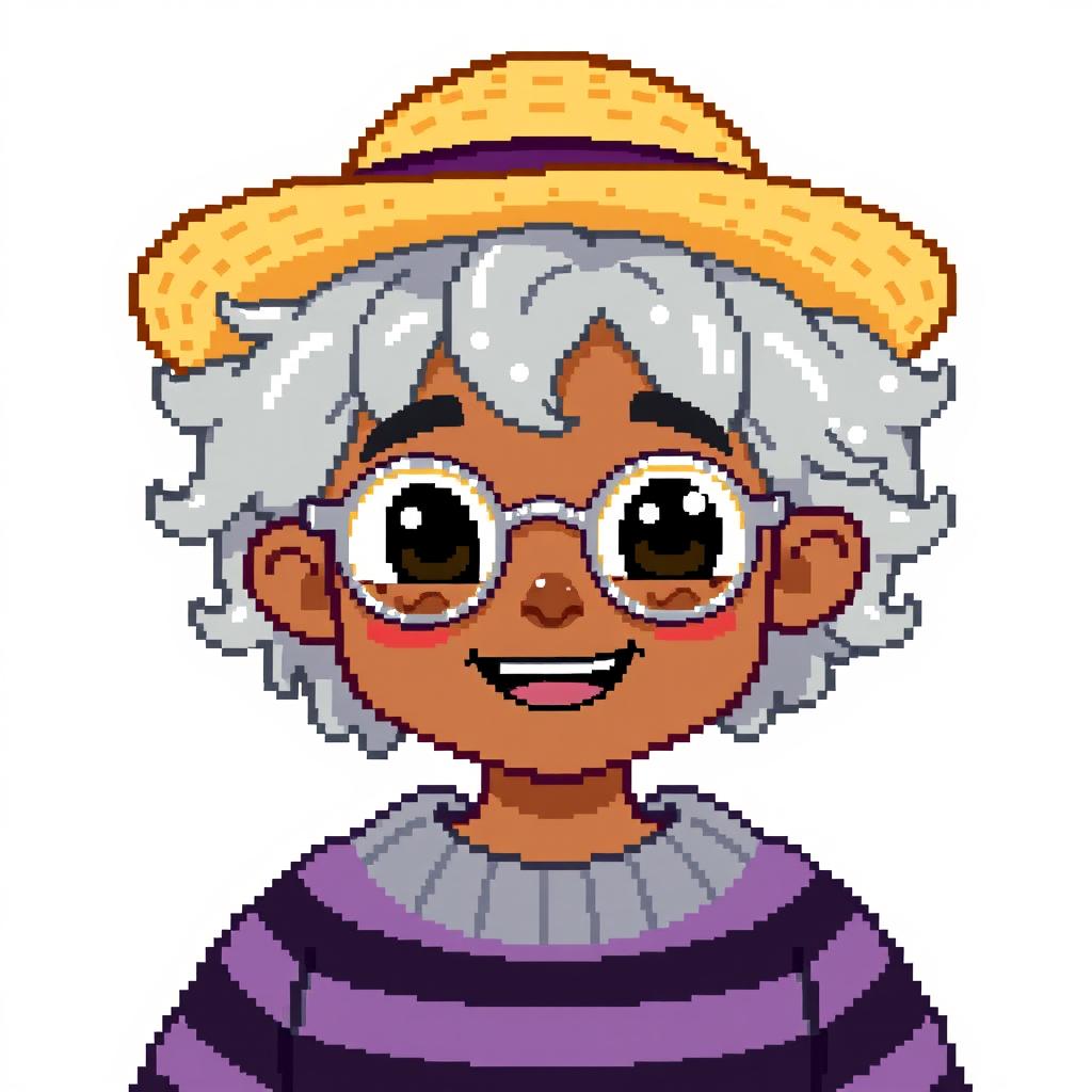 Pixel art of a boy with curly gray hair down to the shoulders, wearing a straw hat and silver glasses