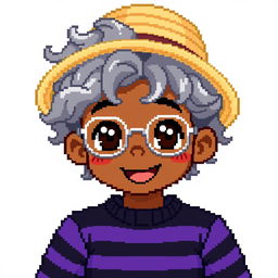 Pixel art of a boy with curly gray hair down to the shoulders, wearing a straw hat and silver glasses