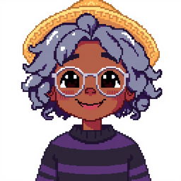 Pixel art of a boy with curly gray hair down to the shoulders, wearing a straw hat and silver glasses