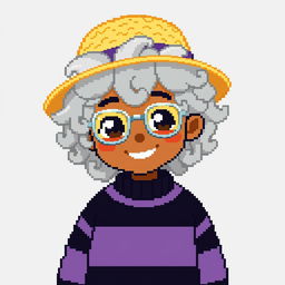 Pixel art of a boy with curly gray hair down to the shoulders, wearing a straw hat and silver glasses