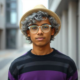 A youthful 22-year-old with shoulder-length curly gray hair, wearing a straw hat and silver glasses