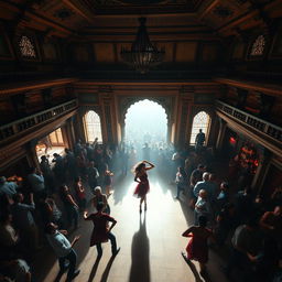 Inside an old Nepali king's palace transformed into a grand dance club, featuring impressive and ancient architecture