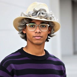 A youthful 22-year-old with shoulder-length curly gray hair, wearing a straw hat and silver glasses