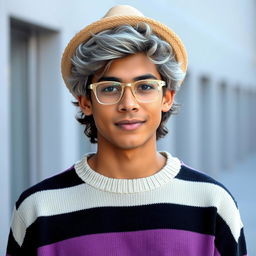 A youthful 22-year-old with shoulder-length curly gray hair, wearing a straw hat and silver glasses