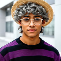 A youthful 22-year-old with shoulder-length curly gray hair, wearing a straw hat and silver glasses