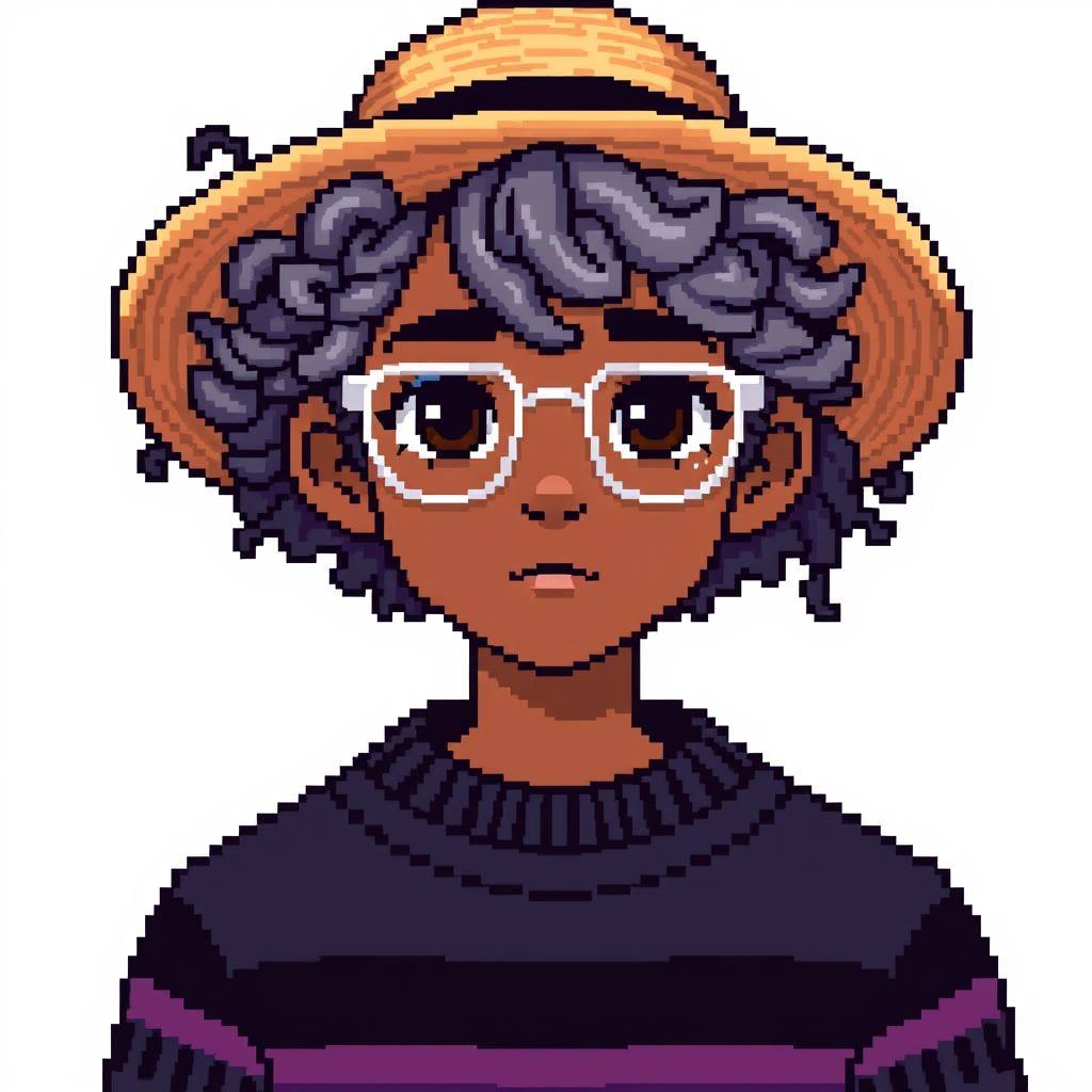 Pixel art of a 22-year-old teenager with curly shoulder-length gray hair, wearing a straw hat and silver glasses