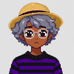 Pixel art of a 22-year-old teenager with curly shoulder-length gray hair, wearing a straw hat and silver glasses