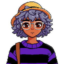 Pixel art of a 22-year-old teenager with curly shoulder-length gray hair, wearing a straw hat and silver glasses