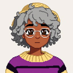 Pixel art of a 22-year-old teenager with curly shoulder-length gray hair, wearing a straw hat and silver glasses