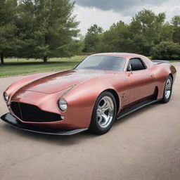 Visualize the merging of a vintage Plymouth muscle car with the sleek, high-performance aesthetics of a Devel Sixteen supercar