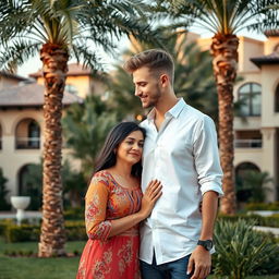 A short woman in love with a tall, white-skinned young man standing together in a lush, wealthy neighborhood in Egypt