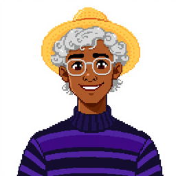 Pixel art of a 22-year-old masculine figure with curly shoulder-length gray hair, wearing a straw hat and silver glasses