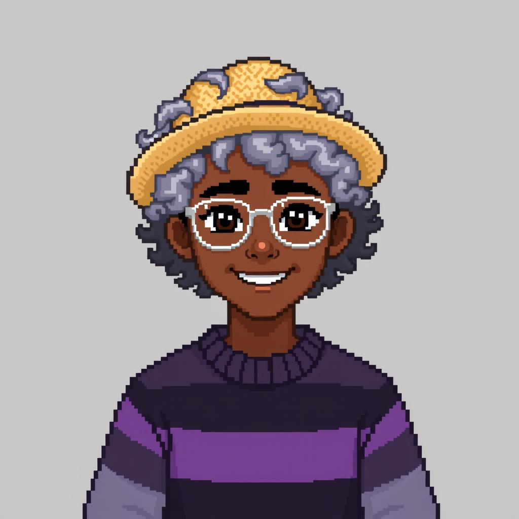 Pixel art of a 22-year-old masculine figure with curly shoulder-length gray hair, wearing a straw hat and silver glasses