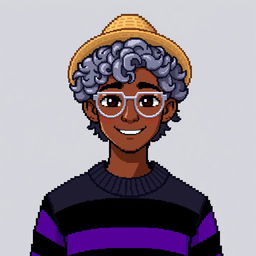 Pixel art of a 22-year-old masculine figure with curly shoulder-length gray hair, wearing a straw hat and silver glasses