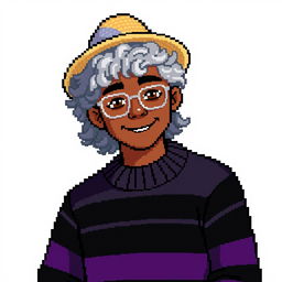 Pixel art of a 22-year-old masculine figure with curly shoulder-length gray hair, wearing a straw hat and silver glasses