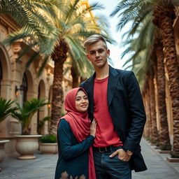 A short-statured woman wearing a hijab in love with a tall, white-skinned young man