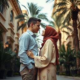 A short-statured woman wearing a hijab in love with a tall, white-skinned young man